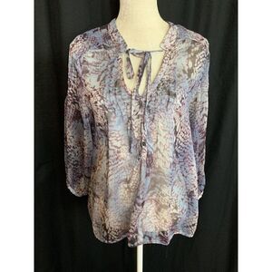 Patterson Kincaid Womens Purple Gray Animal Print Long Sleeve Sheer Top Medium